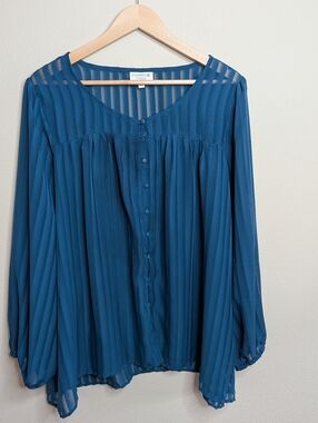 Studio B by Bobeau Blouse‎ 3X Teal Sheer Stripe Button Front Peasant Plus Size